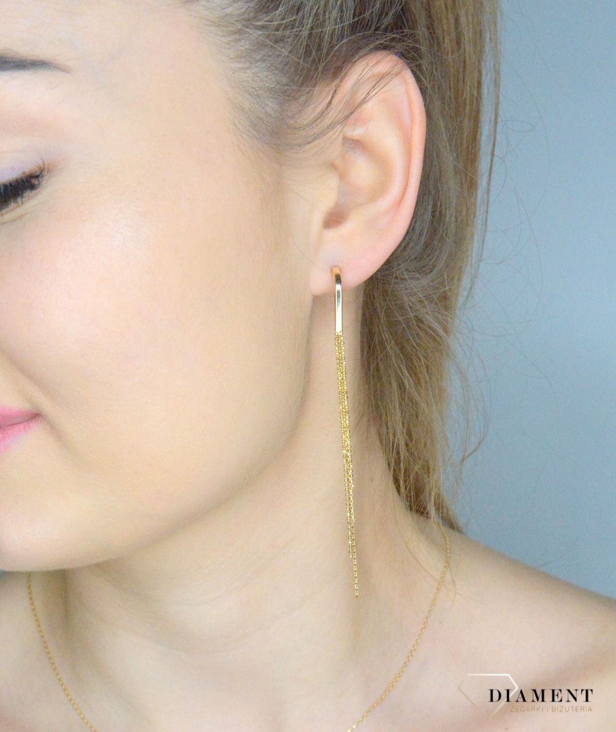 Kolczyki damskie złote 375 Pałki i wiszące łańcuszki DIA-KLC-11252-375.jpg