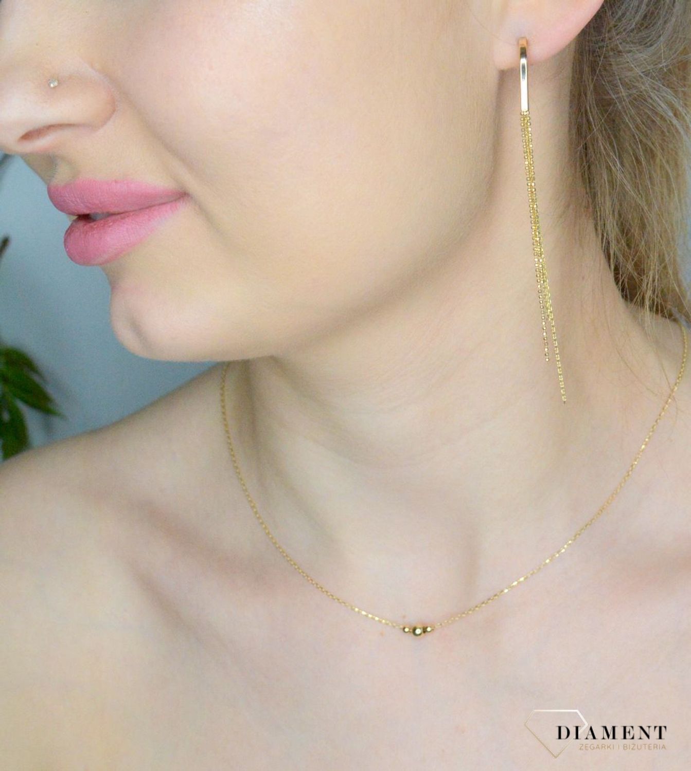 Kolczyki damskie złote 375 Pałki i wiszące łańcuszki DIA-KLC-11252-375.jpg