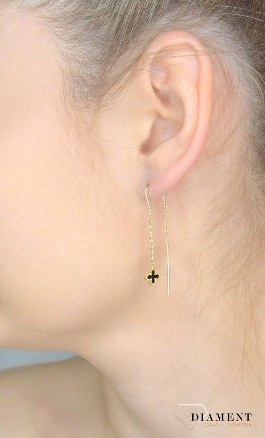 Złote kolczyki damskie 375 Przeciągane z czarnymi koniczynkami DIA-KLC-11254-375.webp