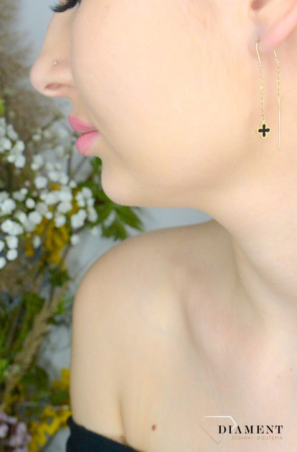 Złote kolczyki damskie 375 Przeciągane z czarnymi koniczynkami DIA-KLC-11254-375.webp