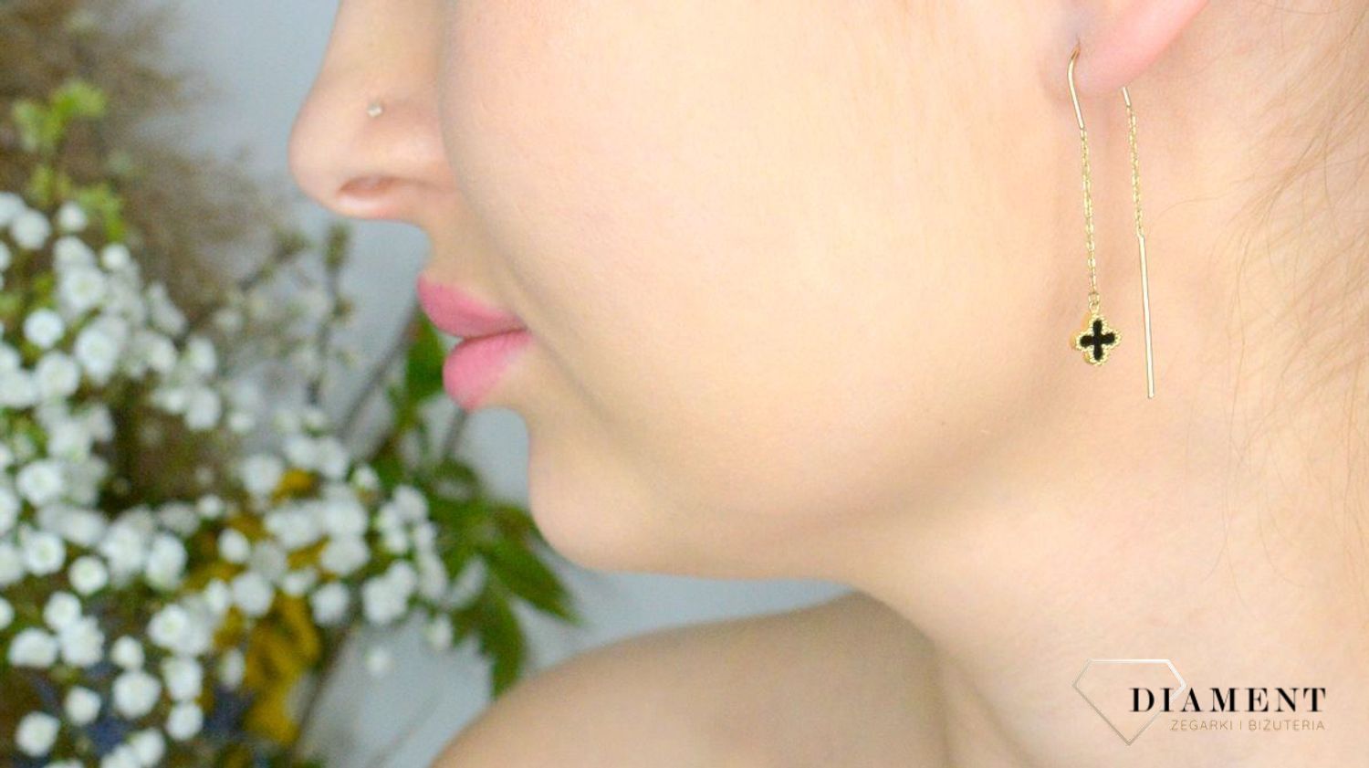 Złote kolczyki damskie 375 Przeciągane z czarnymi koniczynkami DIA-KLC-11254-375.webp