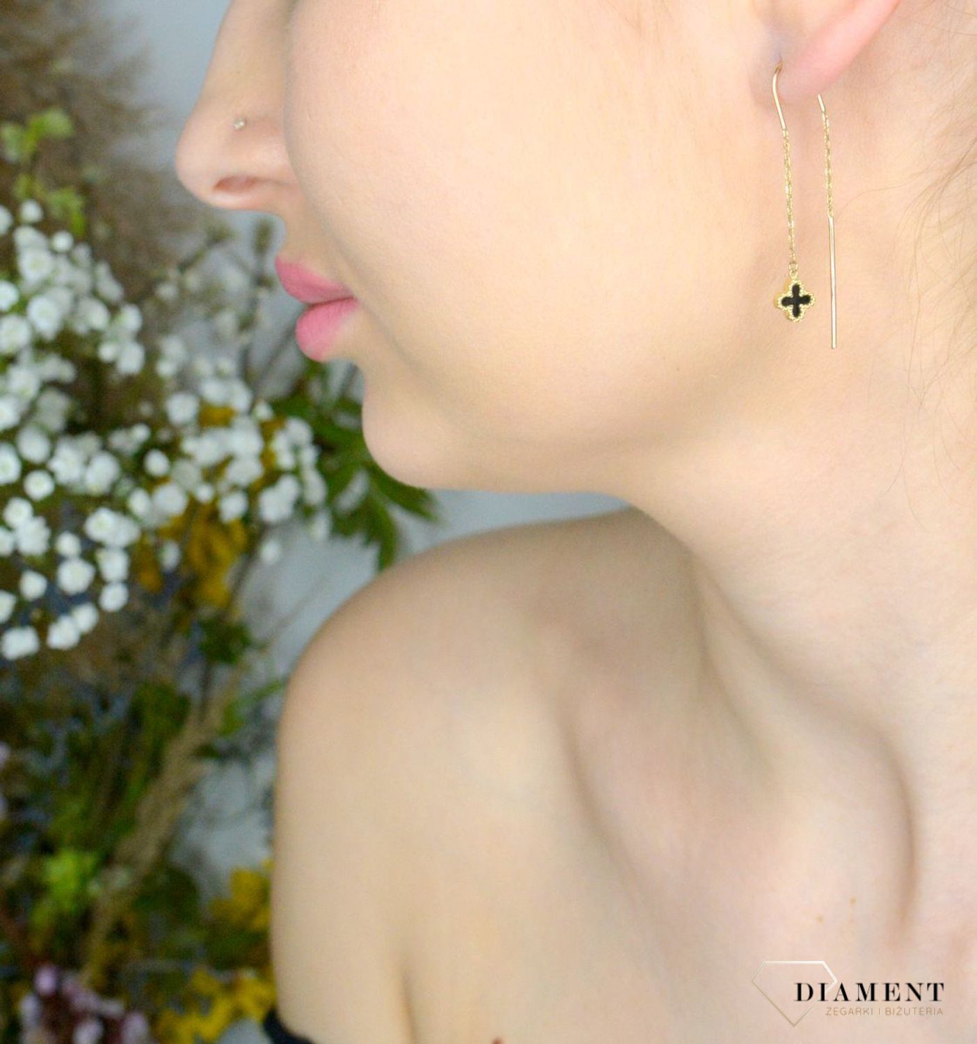 Złote kolczyki damskie 375 Przeciągane z czarnymi koniczynkami DIA-KLC-11254-375.webp