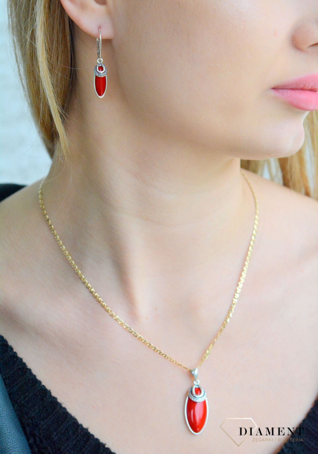 Srebrne kolczyki damskie 925 wiszące z koralem DIA-KLC-11263-925.jpg