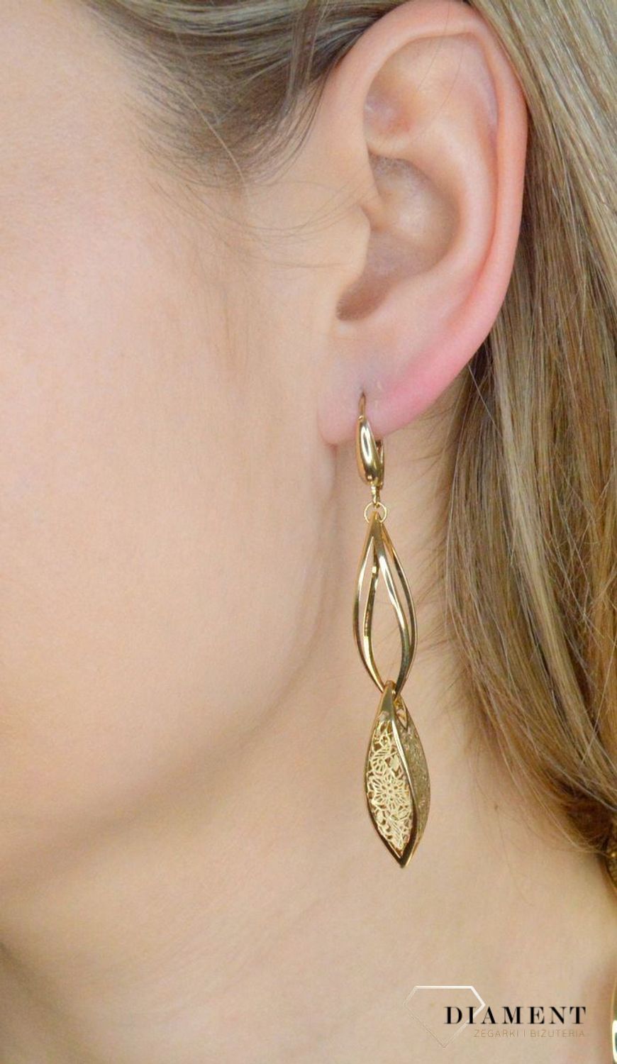 Złote kolczyki damskie 585 wiszące ażurowe DIA-KLC-11279-585. Złote kolczyki damskie. Złote kolczyki wiszące. Kolczyki złote wiszące. Kolczyki złote na bigiel. Kolczyki złote wiszące na prezent..jpg