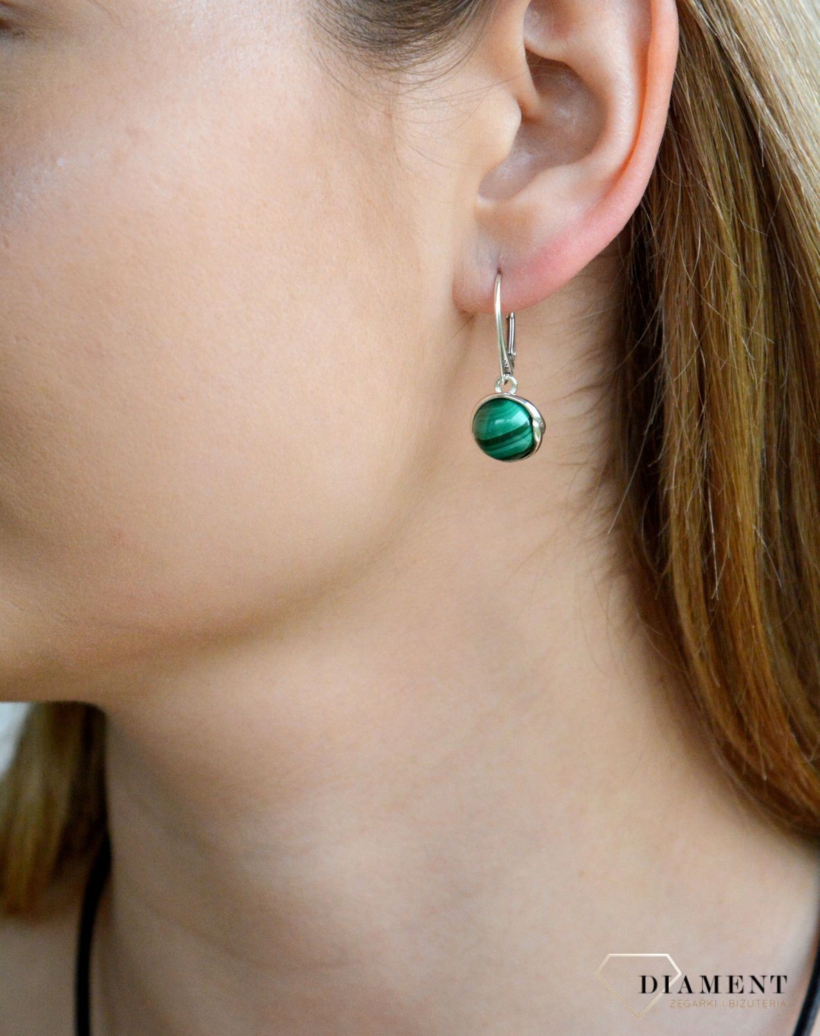 Srebrne kolczyki damskie 925 wiszące z okrągłym malachitem DIA-KLC-11323-925.jpg