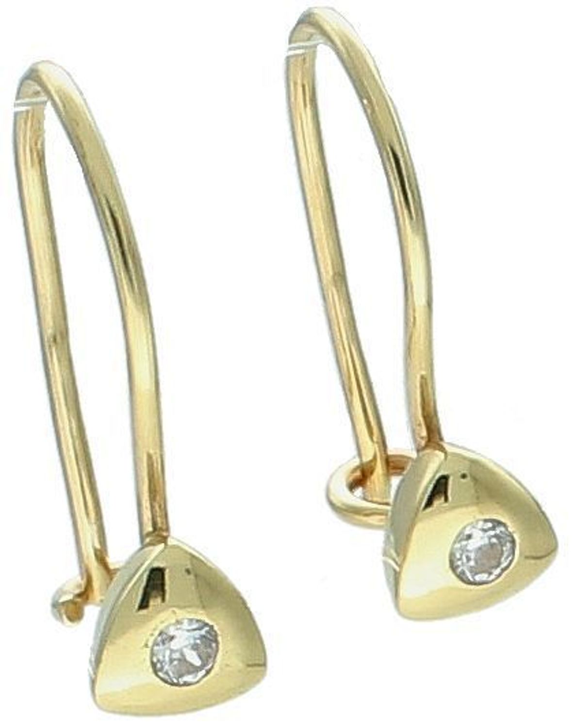 Kolczyki złote małe trójkąciki z cyrkonią pr 585, DIA-KLC-1165-585 Złote kolczyki wykonane z najwyższej jakości żółtego złota, próba 585, waga około 1,02 gram. Kolczyki w minimalistycznym 1.jpg
