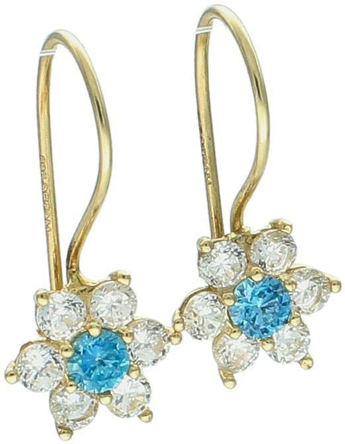 Złote kolczyki kwiatki z cyrkonią próba 585 DIA-KLC-1167-585. Niebieska cyrkonia. Delikatne złote kolczyki wykonane z najwyższej jakości złota próby 585 w motywie kwiatów 1.jpg