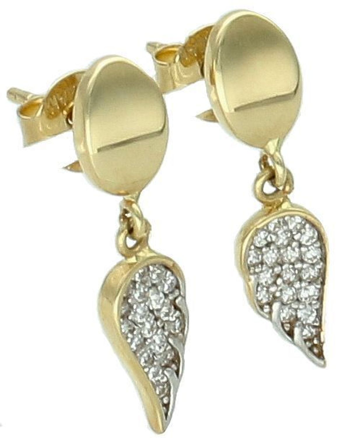 Kolczyki wiszące skrzydła z cyrkoniami próba 585, DIA-KLC-1168-585 Kolczyki wiszące w kształcie skrzydeł, ozdobione błyszczącymi cyrkoniami, 1.jpg