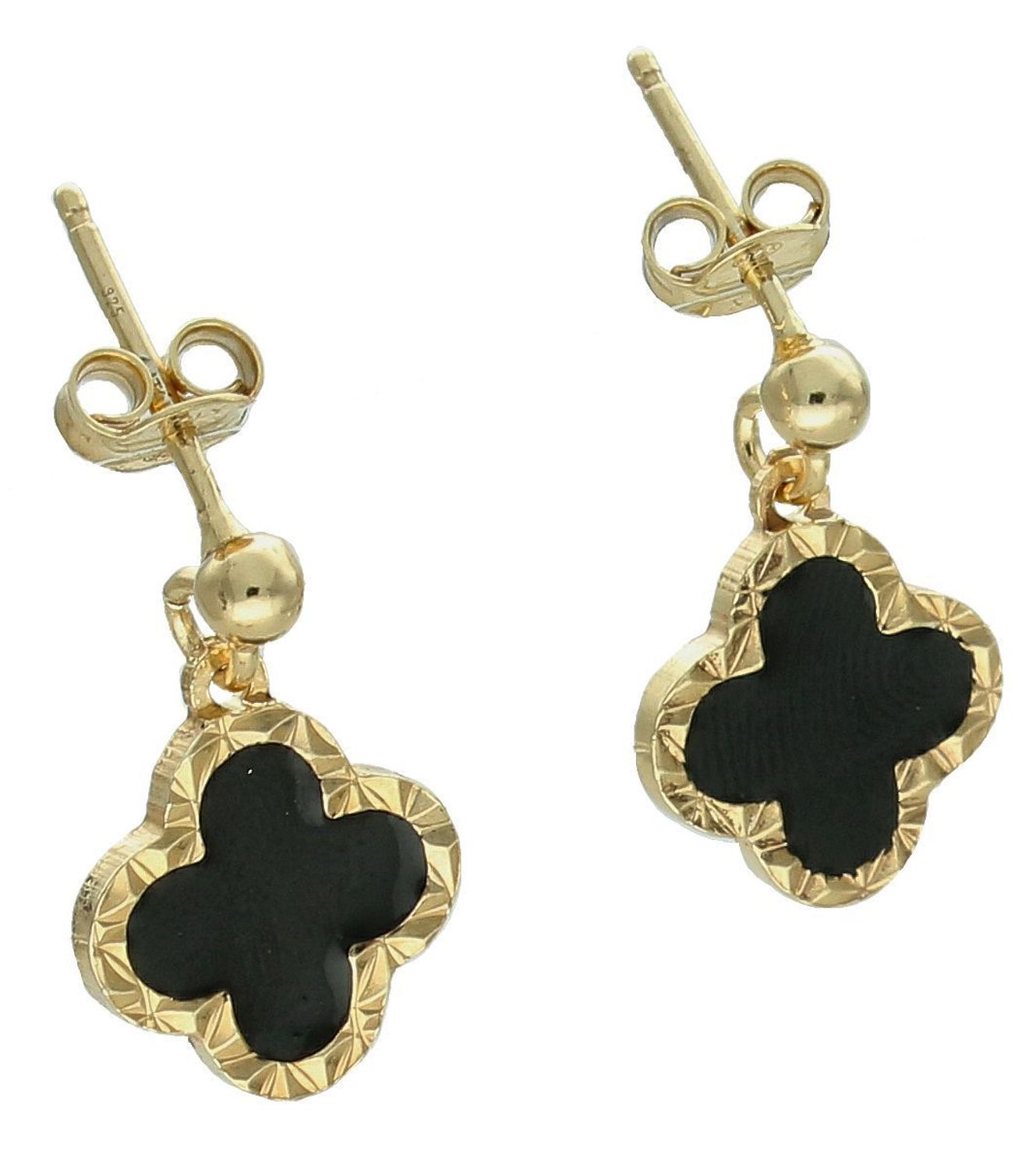 Srebrne kolczyki damskie 925 pozłacane wiszące koniczyny z czarną masą DIA-KLC-11776-925. Srebrne kolczyki damskie. Srebrne kolczyki pokryte złotem. Kolczyki srebrne o modnym wzorze. Pozłacane srebrne kolczyki damskie..jpg