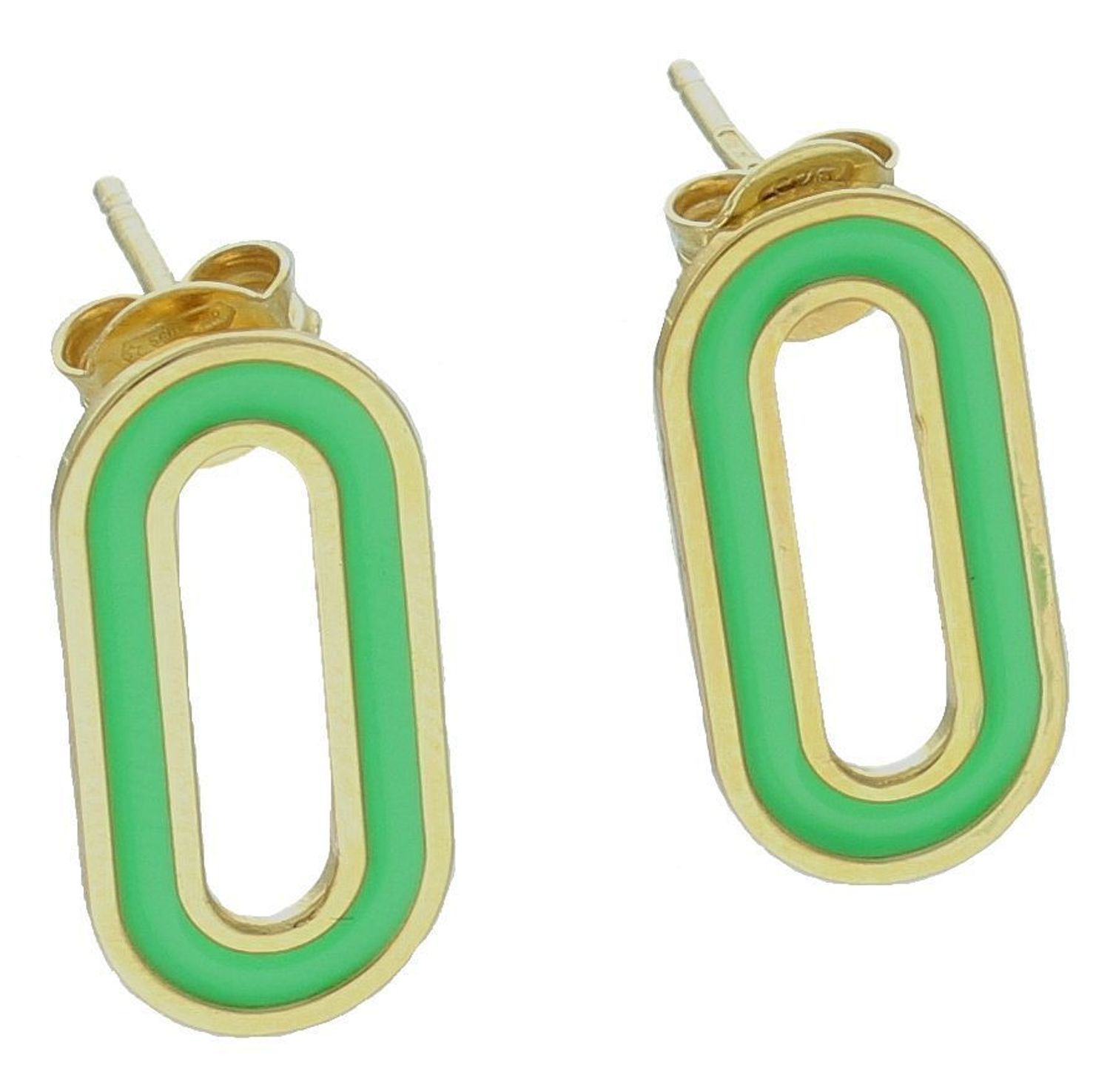 Srebrne kolczyki damskie 925 pozłacane z zieloną emalią na sztyft DIA-KLC-11796-925. Srebrne kolczyki damskie. Srebrne kolczyki pokryte złotem. Kolczyki srebrne o modnym wzorze. Szerokie srebrne kolczyki damskie..jpg