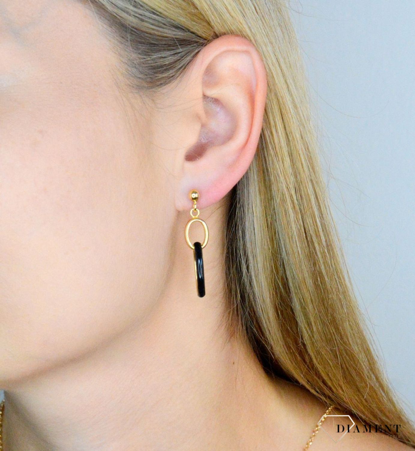 Srebrne kolczyki damskie pozłacane 925 wiszące owalne z czarną emalią DIA-KLC-11805Z-925.jpg