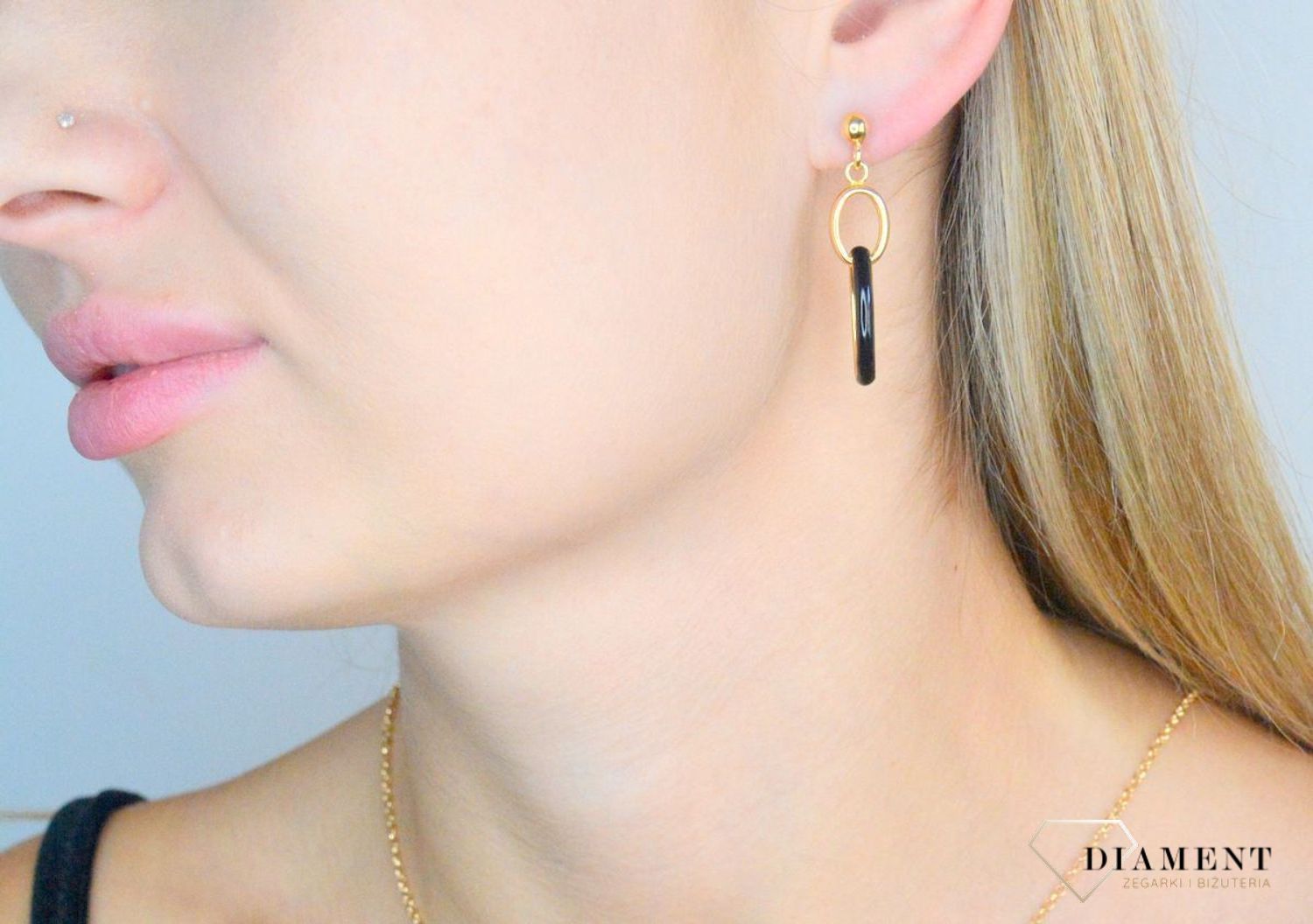 Srebrne kolczyki damskie pozłacane 925 wiszące owalne z czarną emalią DIA-KLC-11805Z-925.jpg