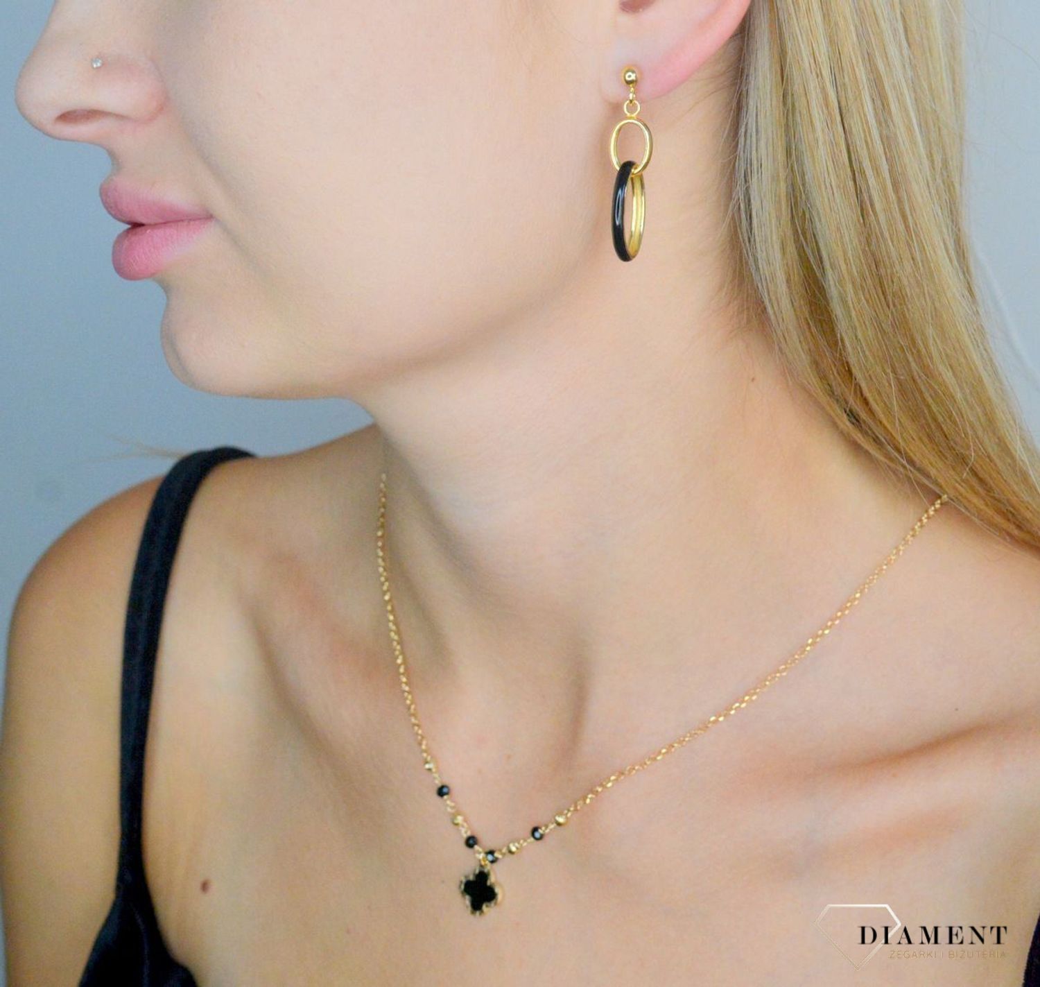 Srebrne kolczyki damskie pozłacane 925 wiszące owalne z czarną emalią DIA-KLC-11805Z-925.jpg