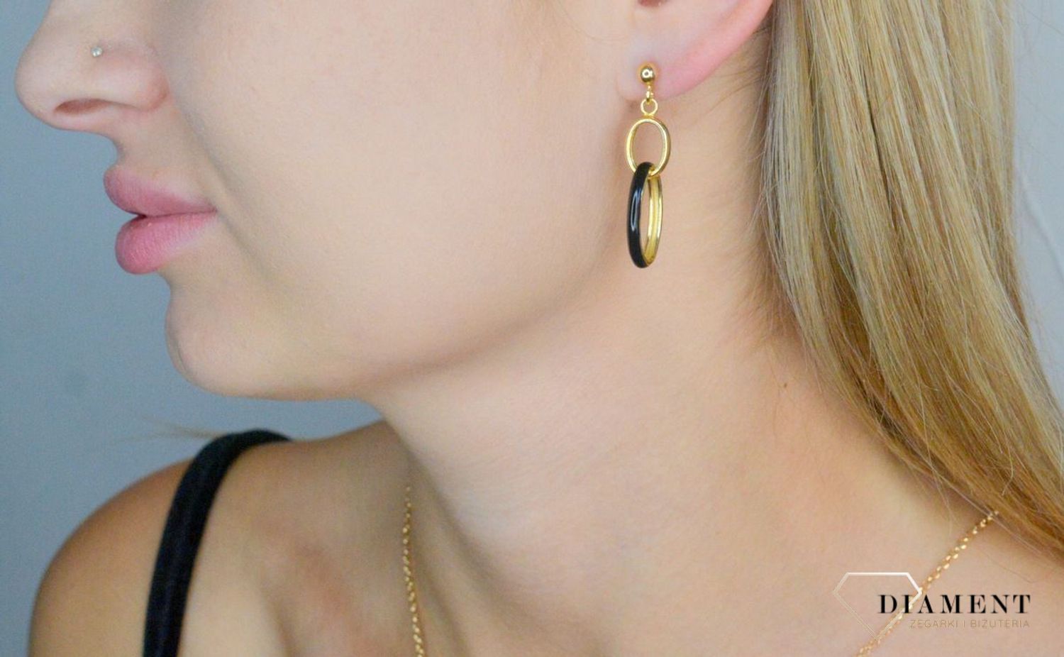 Srebrne kolczyki damskie pozłacane 925 wiszące owalne z czarną emalią DIA-KLC-11805Z-925.jpg