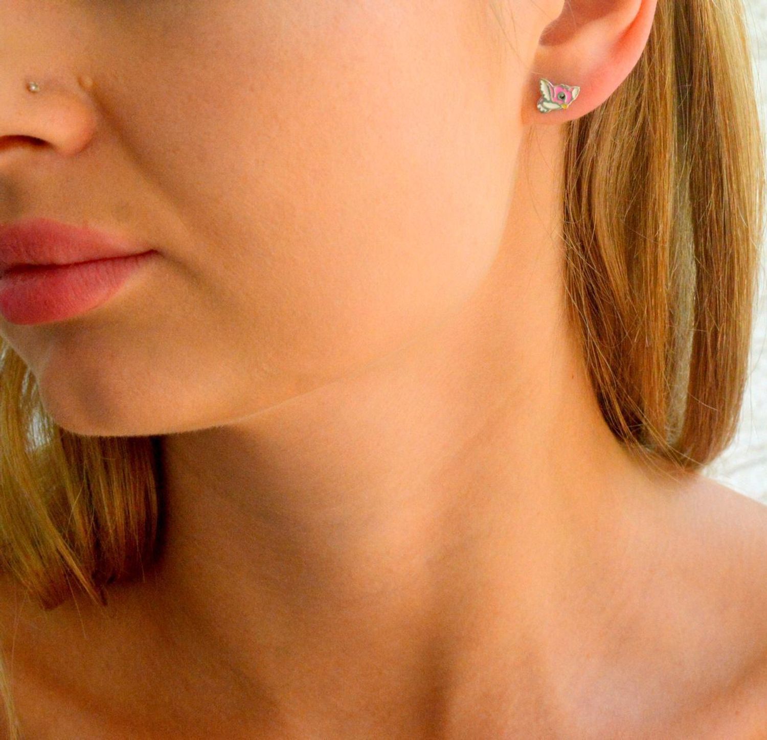 Srebrne kolczyki dziecięce różowe ptaki 925 wkrętki DIA-KLC-11879-925.jpg