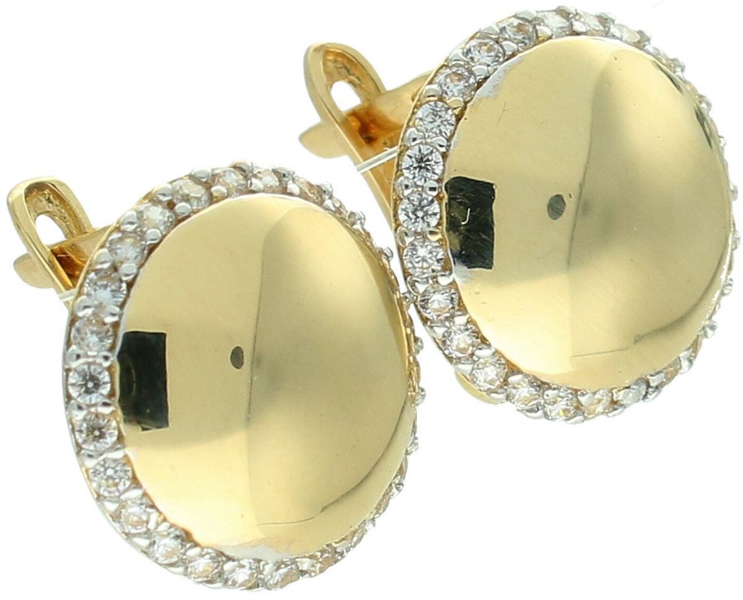 Złote kolczyki 585 – wypukłe blaszki z cyrkoniami, angielskie zapięcie.jpg