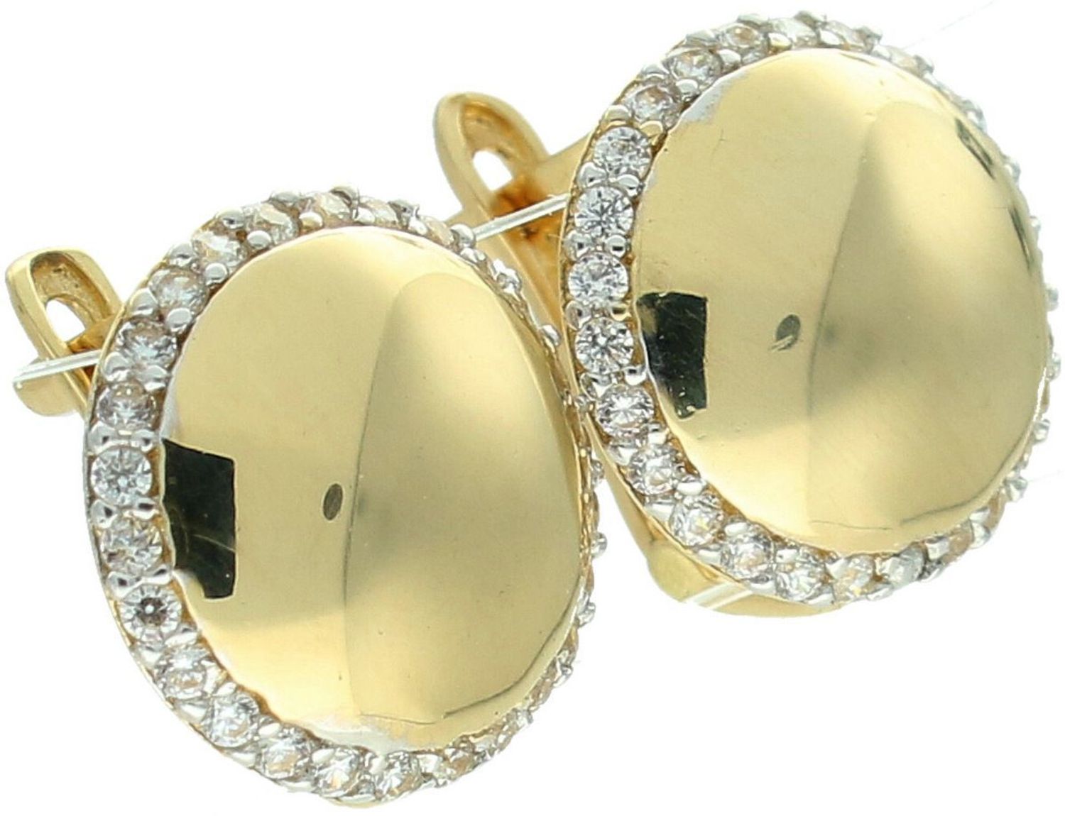 Złote kolczyki 585 – wypukłe blaszki z cyrkoniami, angielskie zapięcie.jpg