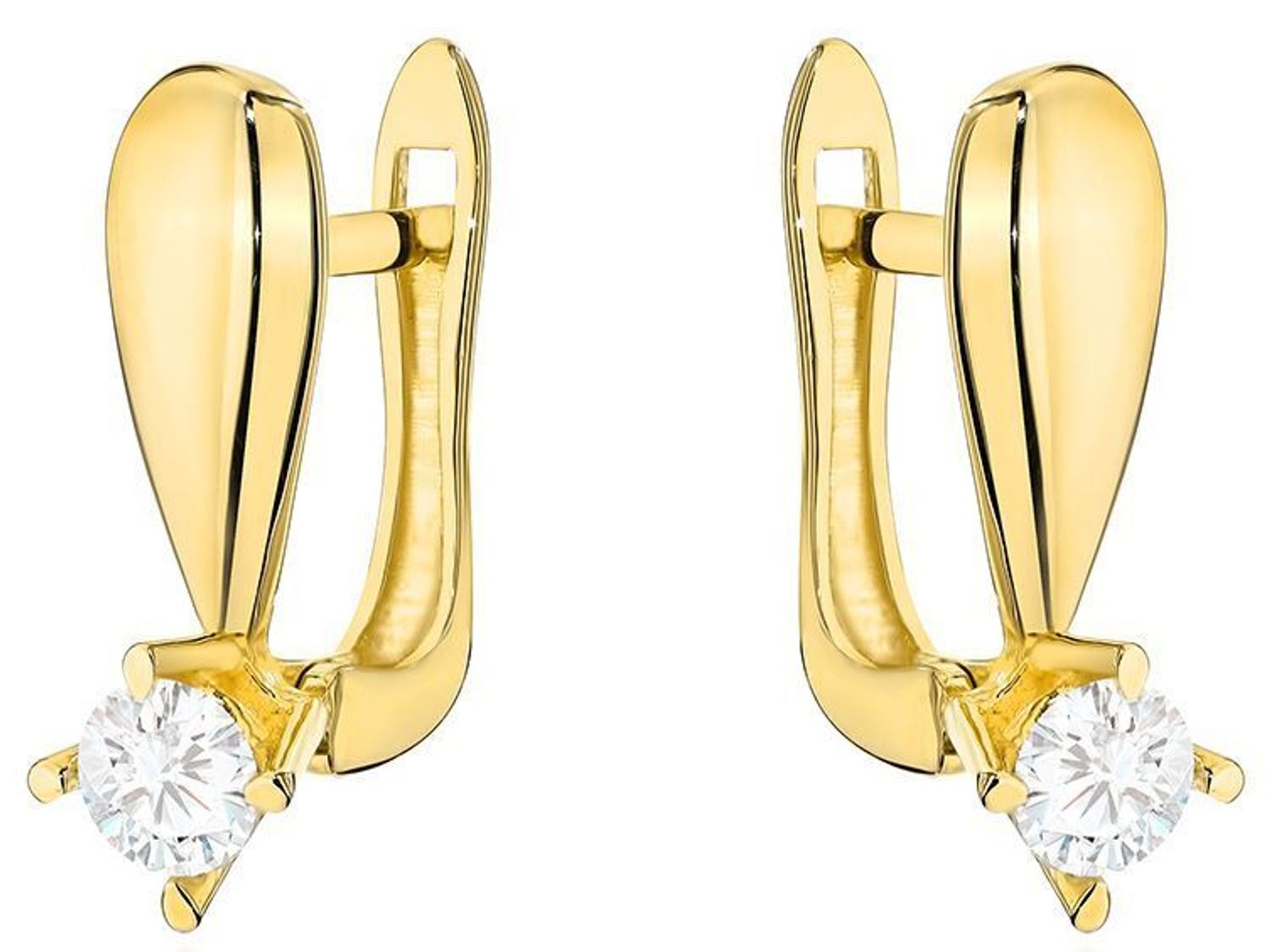 Kolczyki złote cyrkonia zapięcie ang. próba 585, DIA-KLC-12052-585. Złote kolczyki zostały wykonane z najwyższej jakości złota próby 585. Złote kolczyki ozdobione cyrkonia w białym kolorze, z gładką powierzchnią.jpg