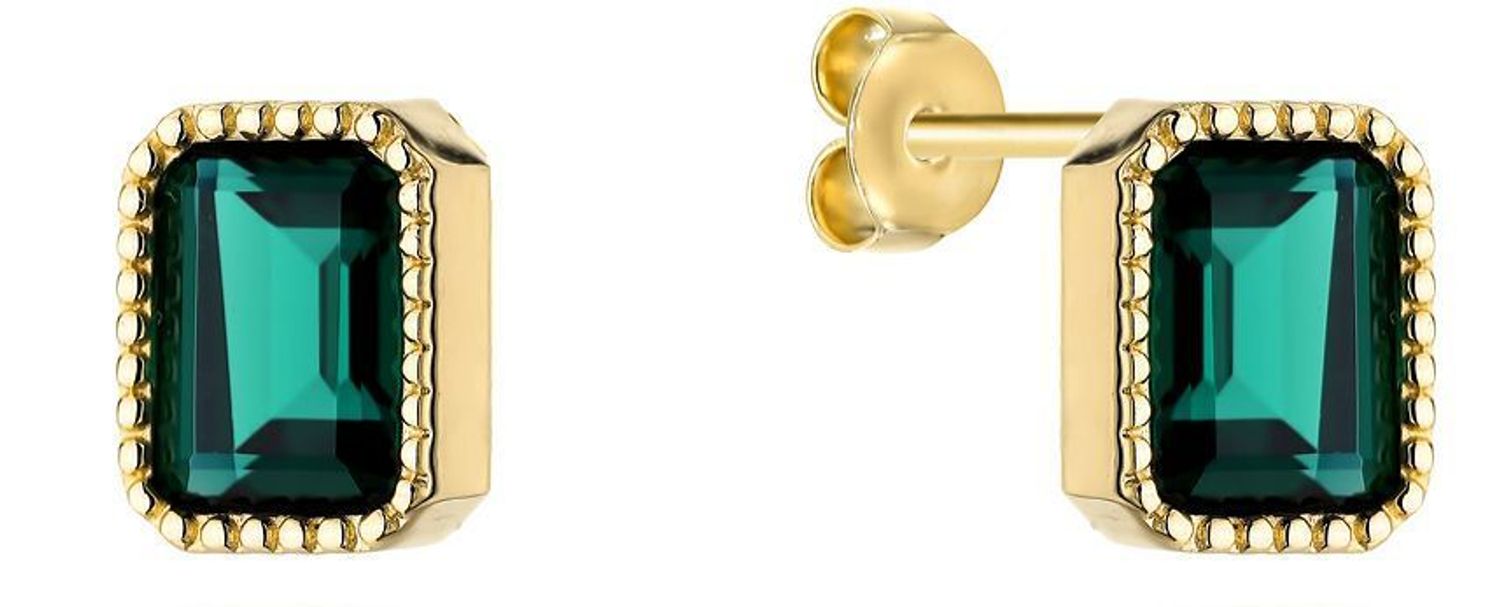 Kolczyki złote z zielonym oczkiem próba 585, DIA-KLC-12054-585  Damskie kolczyki wykonane ze złota próby 585. Kolczyki prostokątne z zielonym oczkiem, ozdobione drobnymi złotymi kuleczkami..jpg