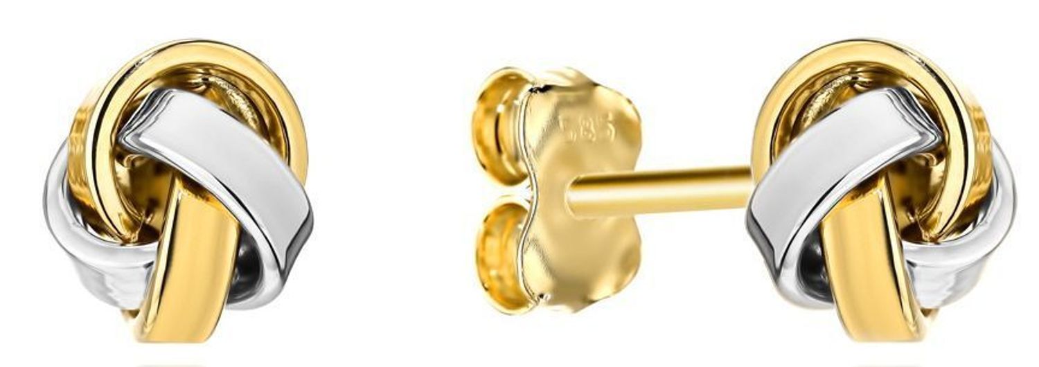 Kolczyki złote plecione próba 585, DIA-KLC-12098-585 Stylowe kolczyki wykonane z wysokiej jakości złota próby 585. Kolczyki mają okrągły pleciony kształt, ozdobione białym złotem. Kolczyki to ponadczasowa biżuteria,.jpg