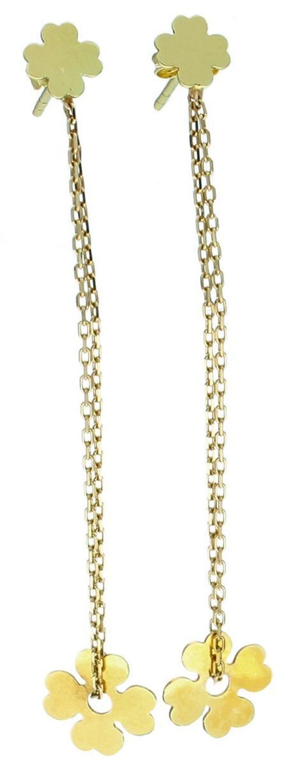 Kolczyki złote koniczynki na łańcuszku wkrętki, próba 585 DIA-KLC-1222-585. Kolczyki złote na prezent. Kolczyki wiszące koniczynki ze złota. Kolczyki wiszące na sztyft. 1.jpg