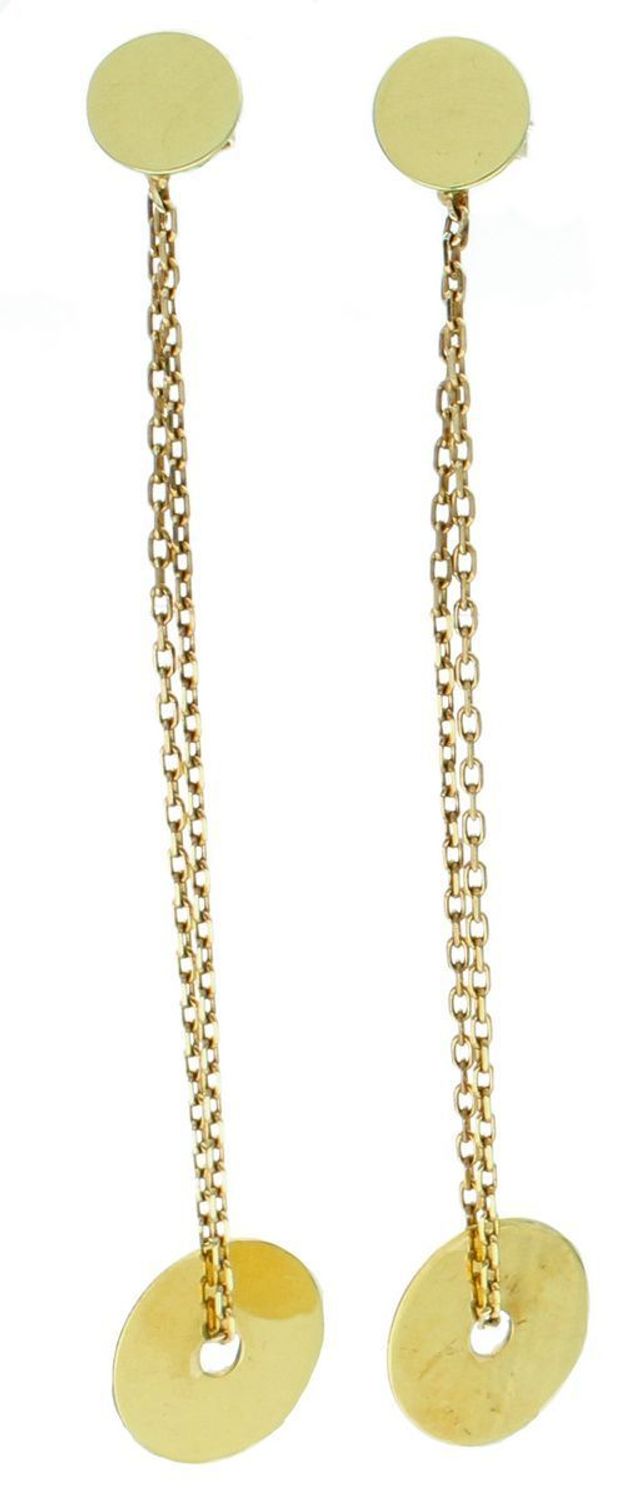 Kolczyki złote kółko z dziurką na łańcuszku złoto 585, DIA-KLC-1223-585. Złote kolczyki mają kształt dwóch kółeczek, które po założeniu na ucho optycznie wydłużają ucho. Kolor ten idealnie1.jpg