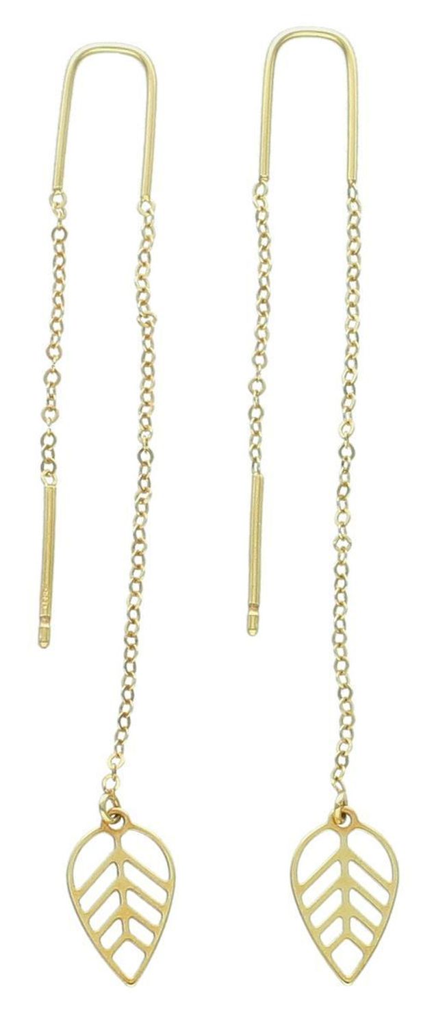 Kolczyki złote na łańcuszku listki 585, DIA-KLC-1225-585. Eleganckie, złote kolczyki przeciągany łańcuszek z zawieszką w kształcie listka. Przeciągane przez ucho kolczyki to prosty i piękny 1.jpg