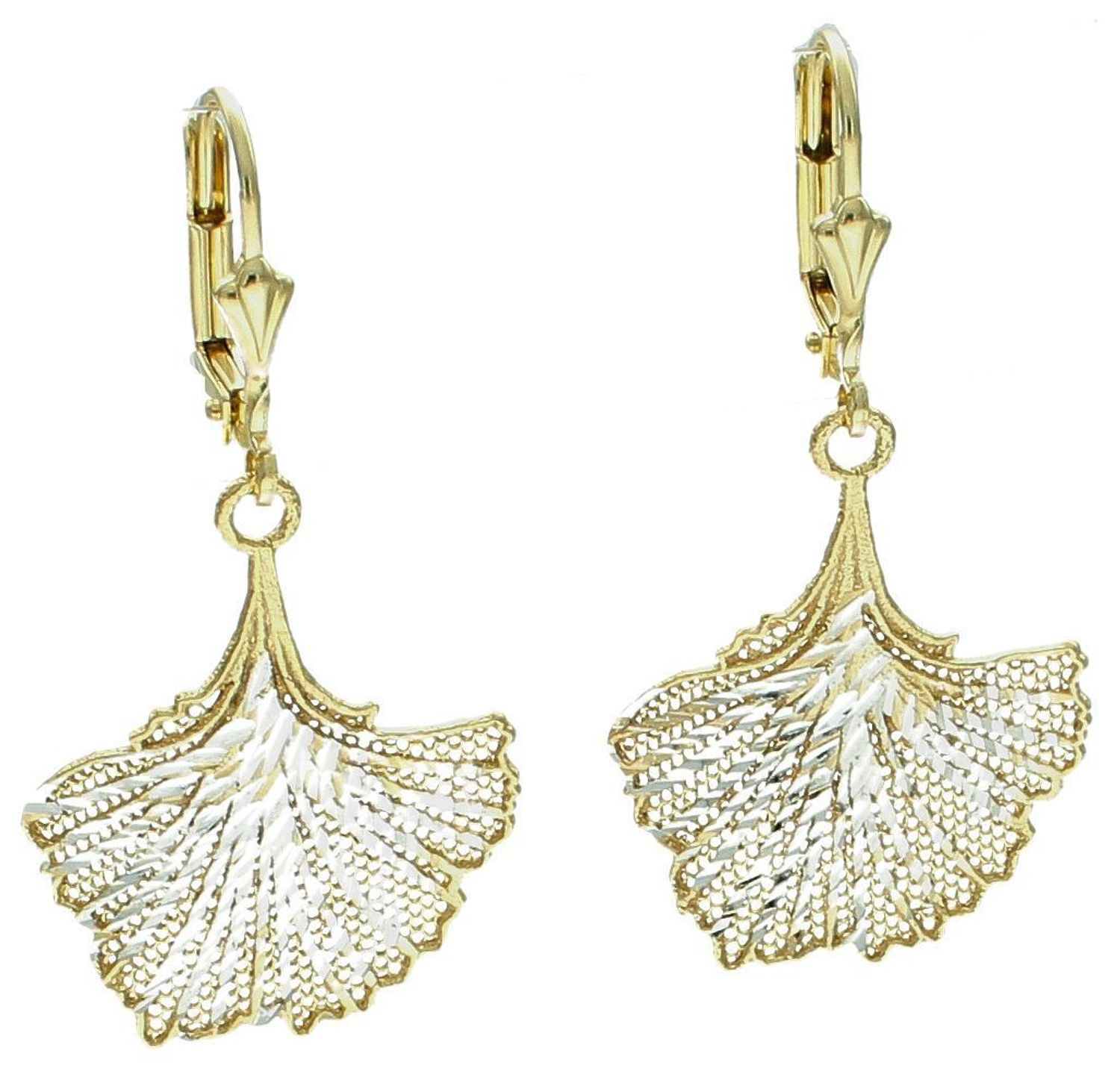 Kolczyki srebrne pozłacane liście próba 925, DIA-KLC-12370-925 Srebrne kolczyki zostały wykonane z najwyższej jakości srebra próby 925. Kolczyki wiszące, klasyczne ozdobione pozłacanym liściem..jpg