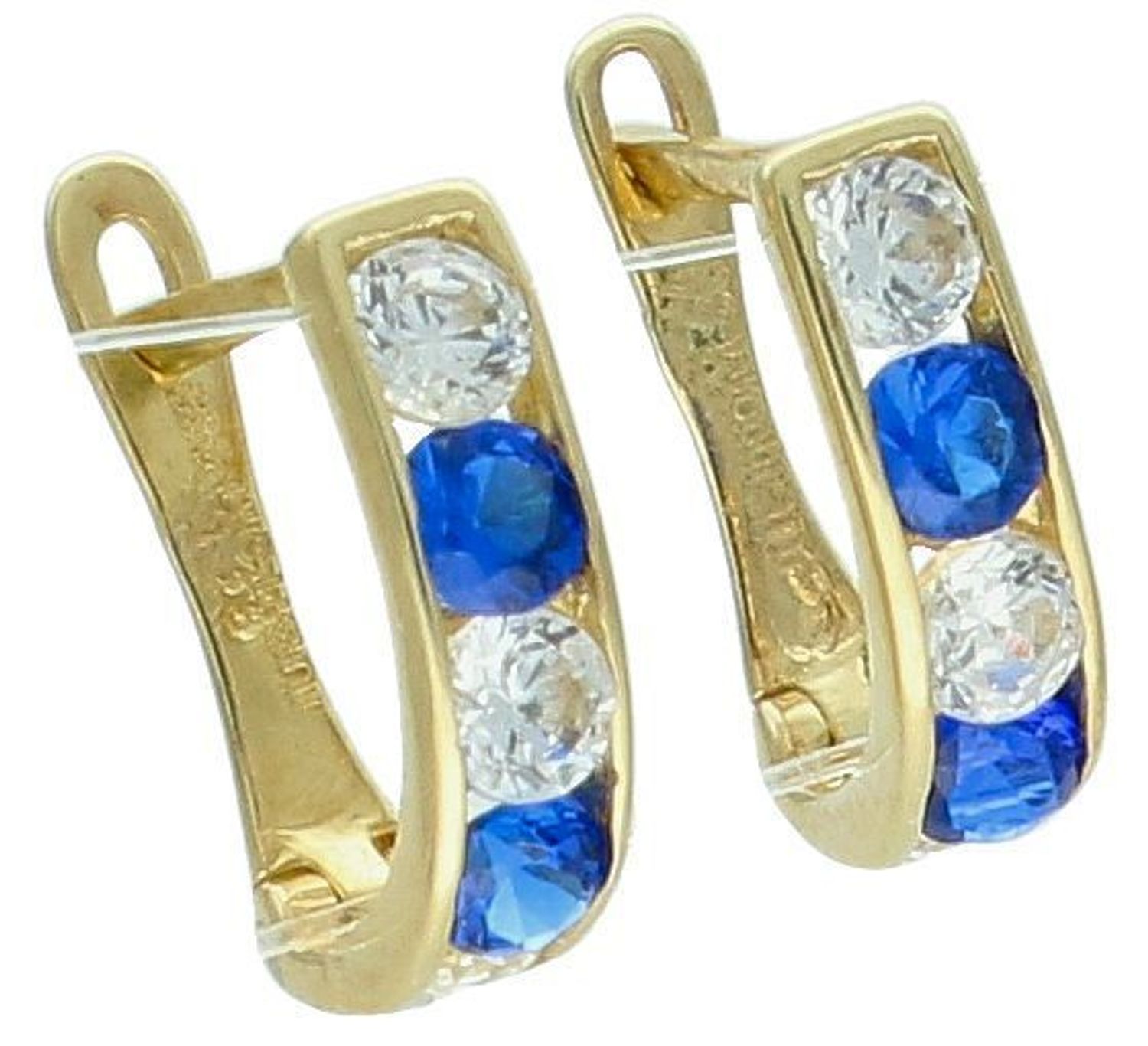 Kolczyki złote podłużne patyczki z niebieskimi i białymi cyrkoniami próba 585, DIA-KLC-1260-585 Subtelne i eleganckie złote kolczyki w formie podłużnych patyczków to doskonały wybór 1.jpg