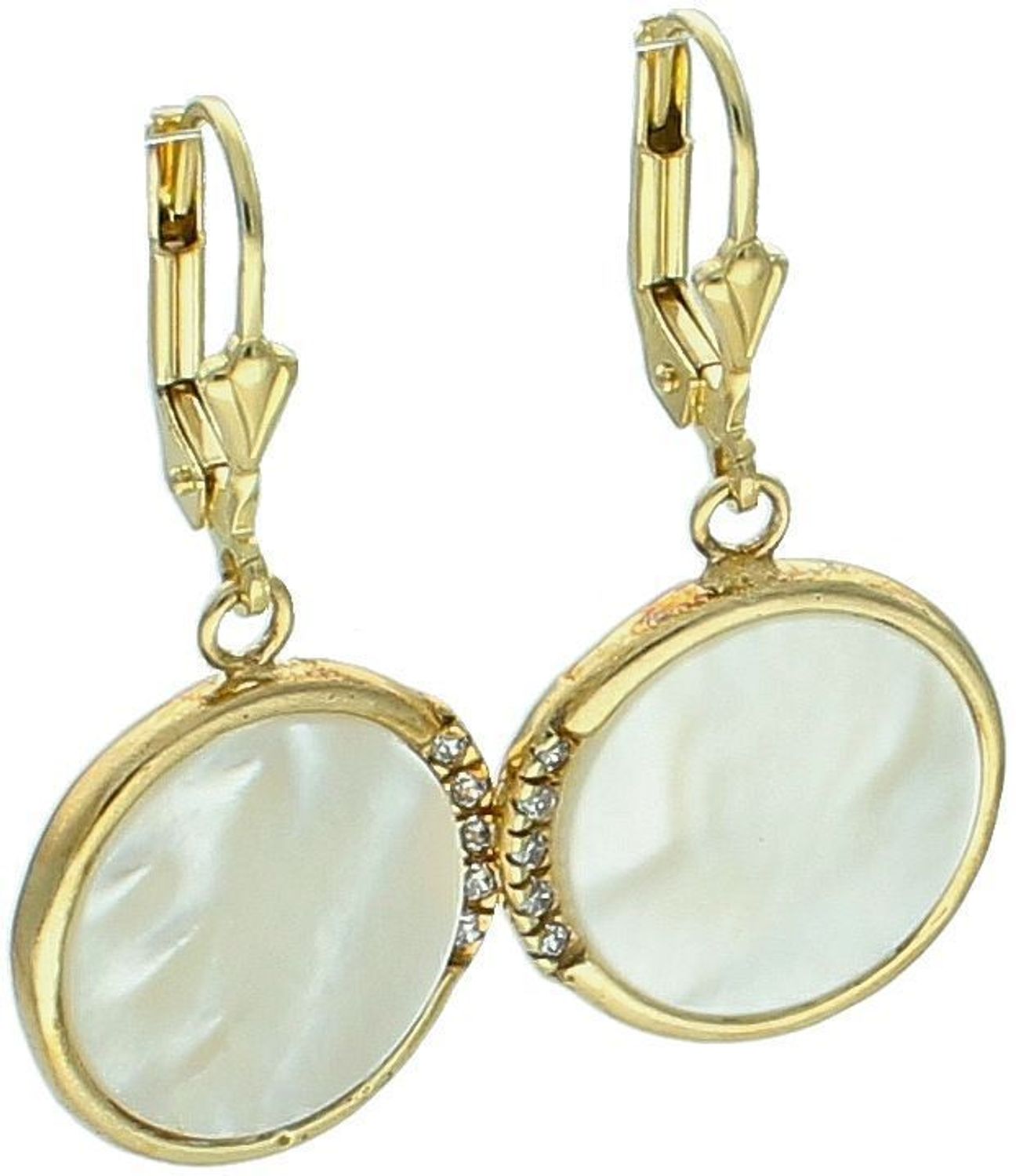 Eleganckie pozłacane kolczyki damskie wykonane ze srebra próby 925, zdobione masą jubilerską i cyrkoniami. Wiszące, z wygodnym zapięciem bigiel angielski. Długość 3,4 cm, waga 5,50 g.1.jpg