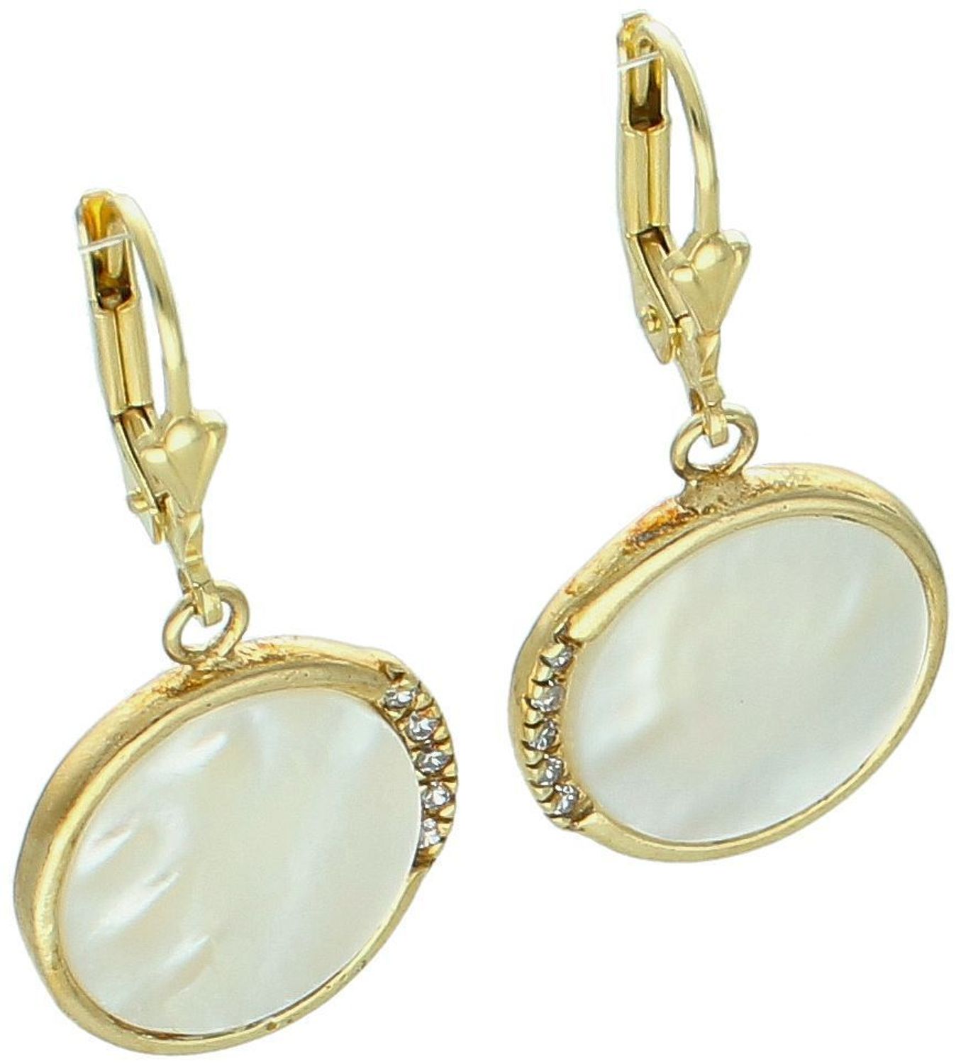 Eleganckie pozłacane kolczyki damskie wykonane ze srebra próby 925, zdobione masą jubilerską i cyrkoniami. Wiszące, z wygodnym zapięciem bigiel angielski. Długość 3,4 cm, waga 5,50 g.1.jpg