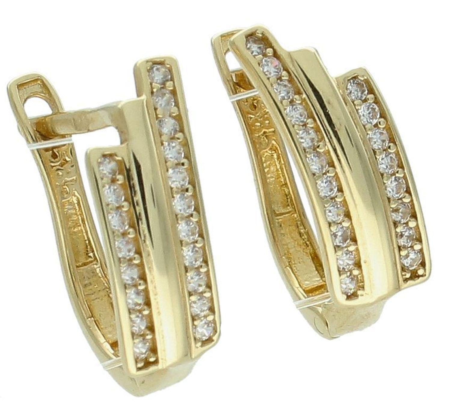 Kolczyki zap.ang. trzy rzędy z cyrkoniami próba 585, DIA-KLC-1278-585 Ekskluzywne złote kolczyki z trzema rzędami cyrkonii to doskonały wybór dla kobiet ceniących blask i elegancję 1.jpg