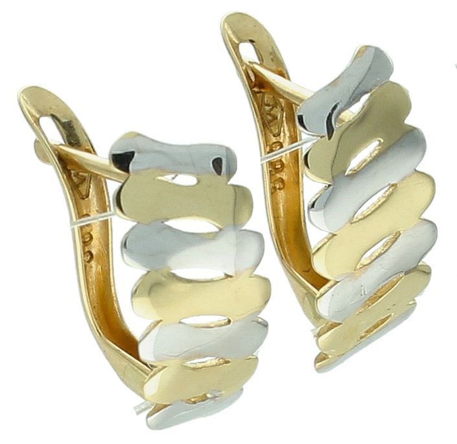 Złote kolczyki damskie łączone złoto próba 585, DIA-KLC-1286-585. Złote kolczyki w nowoczesnym kształcie wykonane z białego i żółtego złota, to piękna kombinacja dwóch kolorów, które nadaje 1.jpg