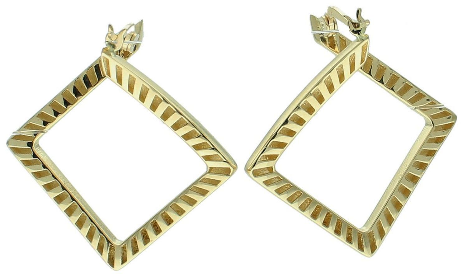 Kolczyki złote geometryczne pr 585, DIA-KLC-12898-585 Złote kolczyki zostały wykonane z wysokiej jakości złota próby 585. Złote kolczyki geometryczne, ozdobione z tyłu ozdobnym wzorem.1.jpg