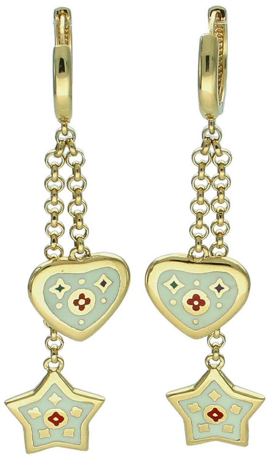 Kolczyki złote kółeczka z łańcuszkami wiszącymi wykończone serduszkiem i gwiazdką próba 585, DIA-KLC-12909-585 Złote kolczyki kółeczka z wiszącymi łańcuszkami to połączenie klasyki 1.jpg