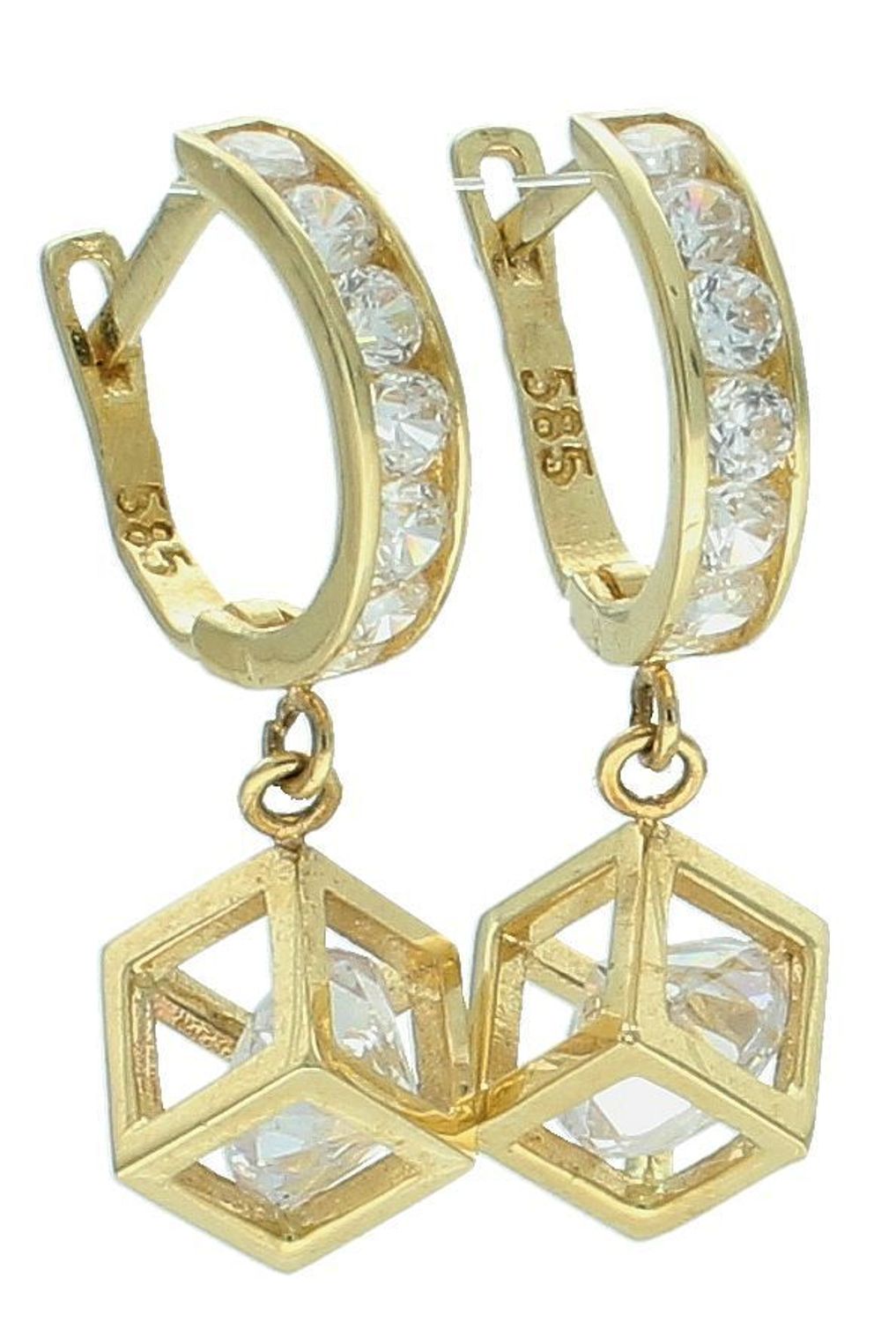 Kolczyki złote wiszące kostki pr 585, DIA-KLC-12945-585 Złote kolczyki wykonane z najwyższej jakości żółtego złota, próba 585. Kolczyki w modowym stylu, wpisujące się w obecne trendy modowe. 1.jpg