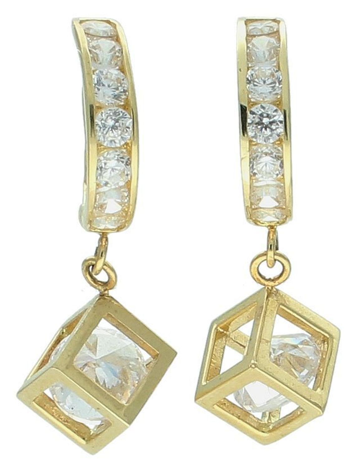 Kolczyki złote wiszące kostki pr 585, DIA-KLC-12945-585 Złote kolczyki wykonane z najwyższej jakości żółtego złota, próba 585. Kolczyki w modowym stylu, wpisujące się w obecne trendy modowe. 1.jpg