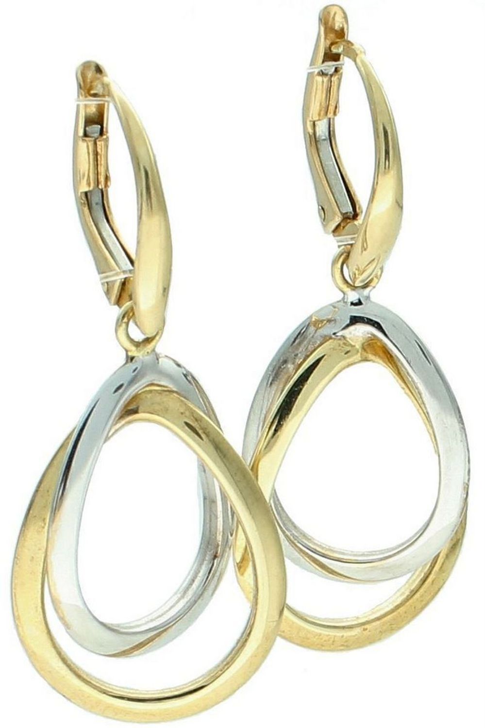 Złote kolczyki damskie wiszące łezki zdobione białym złotem, próba 585, 3,50 g, długość 3,0 cm, szerokość 1,5 cm, zapięcie na bigiel angielski. Elegancka biżuteria na każdą okazję.1.jpg