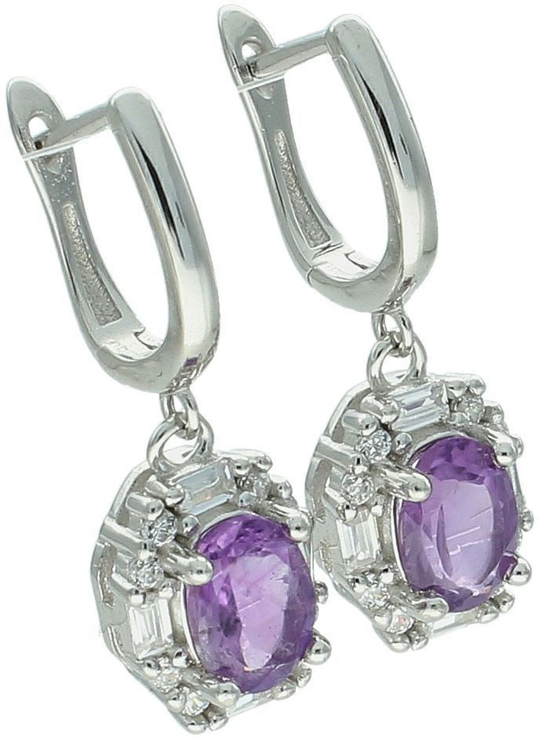 Kolczyki damskie srebrne próby 925 z naturalnym ametystem i cyrkoniami. Długość 2,5 cm, szerokość 8 mm, zapięcie angielskie. Model DIA-KLC-13085-925 – elegancka biżuteria na każdą okazję.1.jpg