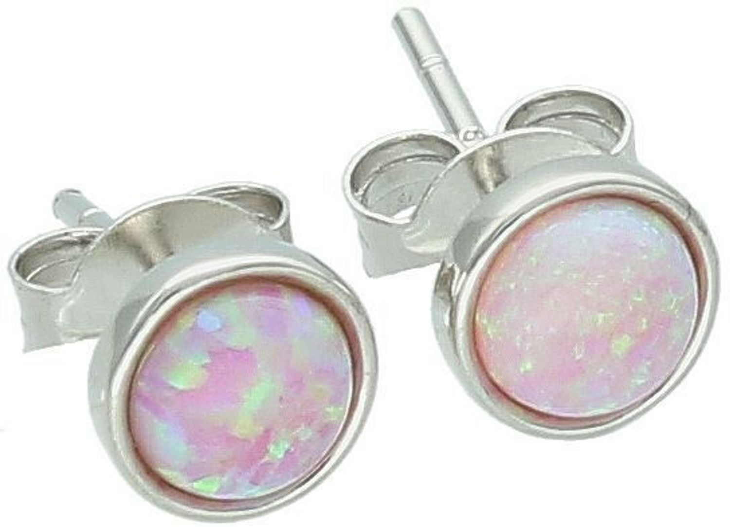 Kolczyki srebrne DIA-KLC-13135-925 – damskie, próba 925, okrągłe z różowym opalem syntetycznym, szerokość 6 mm, zapięcie na sztyft, waga 0,90 g. Stylowe i subtelne.1.jpg