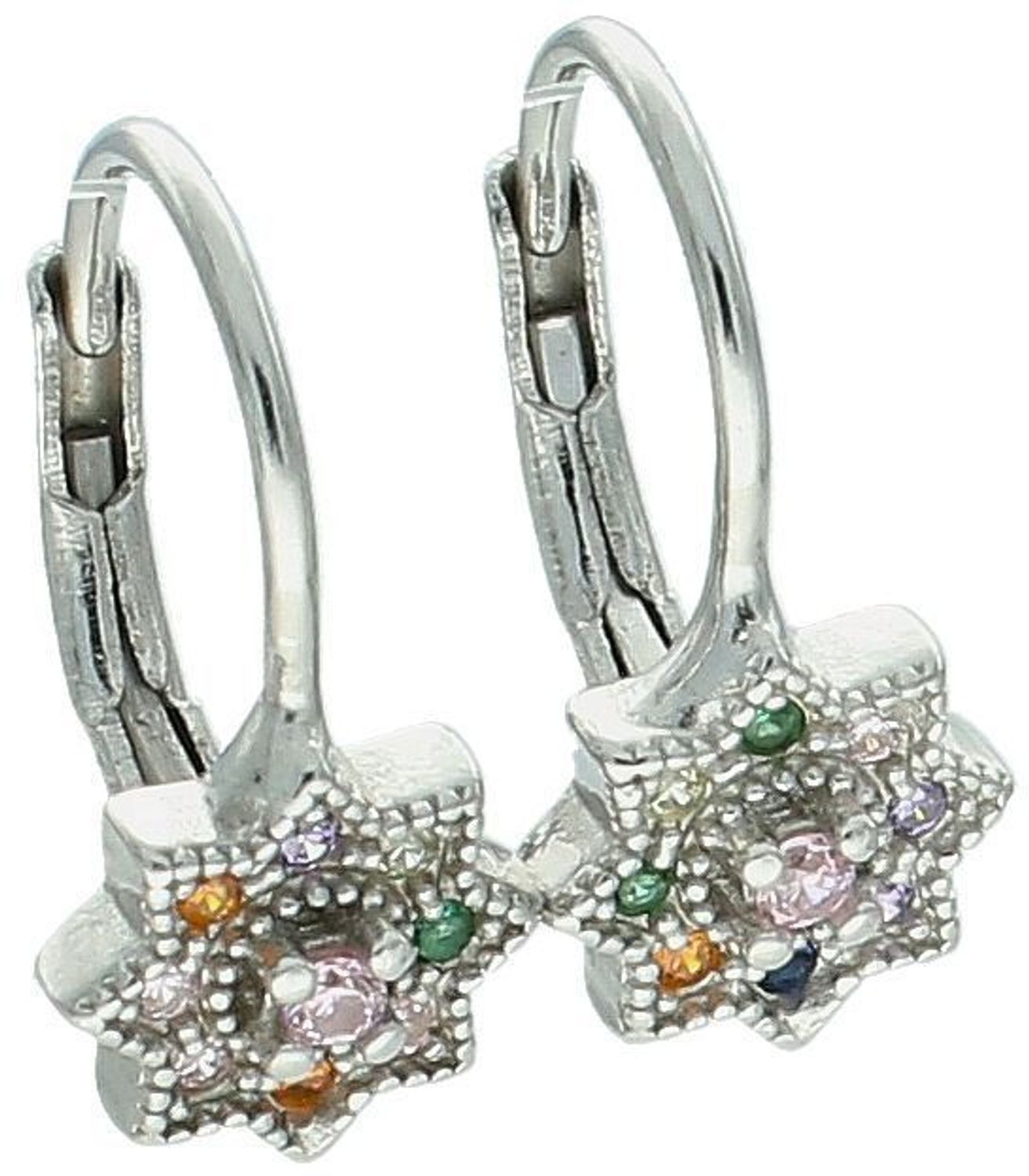 Kolczyki dziecięce srebrne DIA-KLC-13140-925 w kształcie kwiatków z kolorową cyrkonią. Waga 1,50 g, długość 1,5 cm, zapięcie bigiel angielski – idealne dla dziewczynki.1.jpg