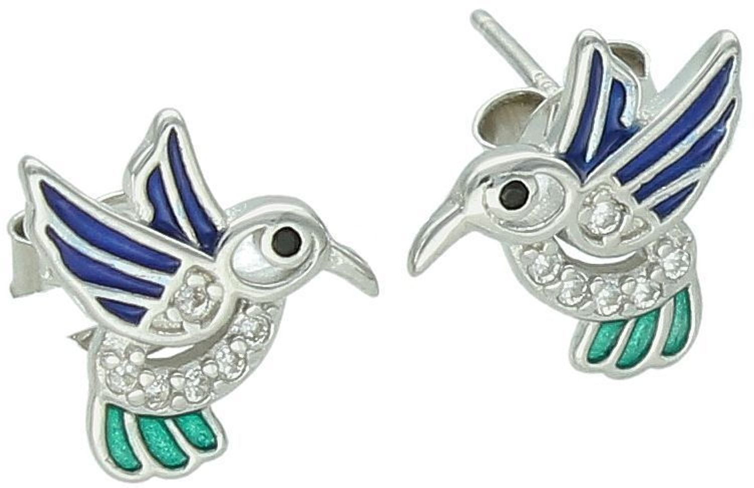 Kolczyki damskie srebrne koliberki DIA-KLC-13150-925 – z emalią i cyrkoniami, próba 925, wymiary 1,0 x 1,0 cm, zapięcie na sztyft, waga 1,30 g.1.jpg