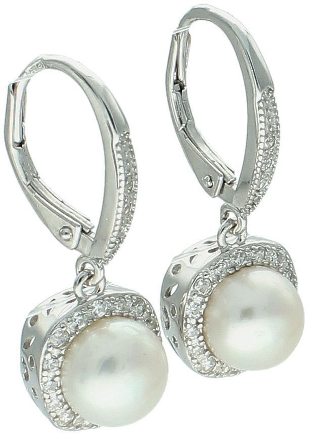 Kolczyki damskie srebrne DIA-KLC-13156-925 z perłą hodowlaną i cyrkoniami. Wiszące, próba 925, 2,5 cm długości, bigiel angielski. Elegancja i subtelny blask.1.jpg