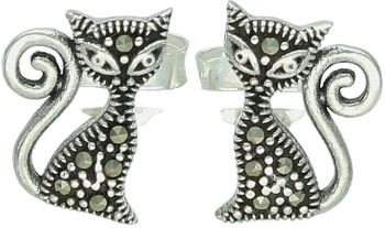 Kolczyki srebrne w kształcie kotków, zdobione markazytami. Model DIA-KLC-13159-925 – próba 925, długość 1,3 cm, zapięcie sztyft, 1,80 g. Idealny prezent dla miłośniczki kotów.1.jpg