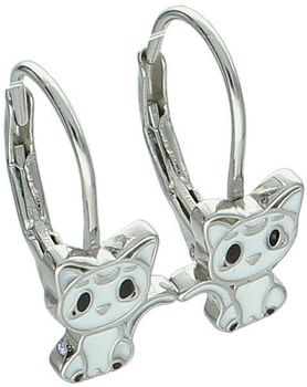 Kolczyki dziewczęce srebrne kotki z białą emalią – model DIA-KLC-13160-925. Próba 925, długość 1,5 cm, szerokość 6 mm, waga 1,70 g. Zapięcie bigiel angielski – idealne na prezent 1.jpg