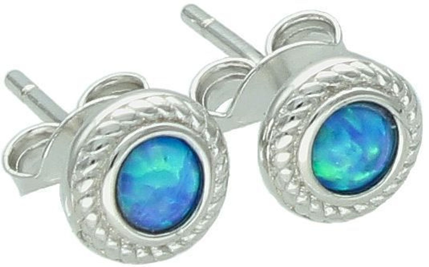 Kolczyki srebrne damskie DIA-KLC-13171-925 z niebieskim opalem syntetycznym. Okrągłe, 5 mm, srebro próby 925, lekkie – tylko 1,00 g, zapięcie na sztyft.1.jpg