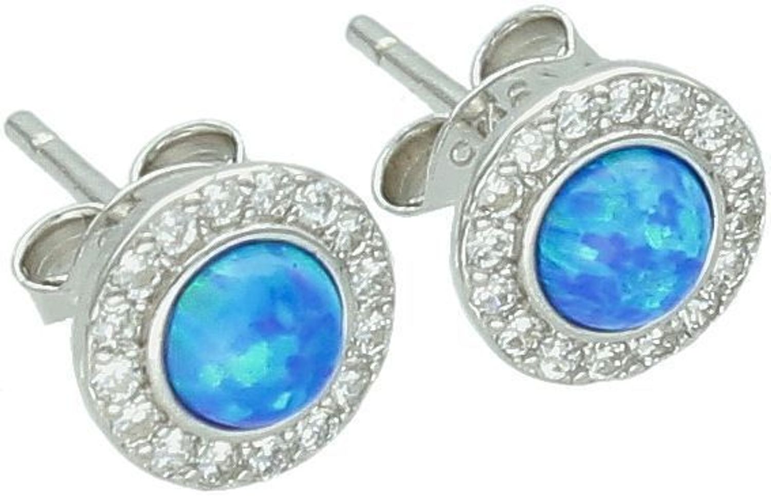 Kolczyki srebrne damskie z niebieskim syntetycznym opalem i cyrkoniami. Próba 925, średnica 7 mm, zapięcie na sztyft. Stylowa i błyszcząca biżuteria na każdą okazję.1.jpg