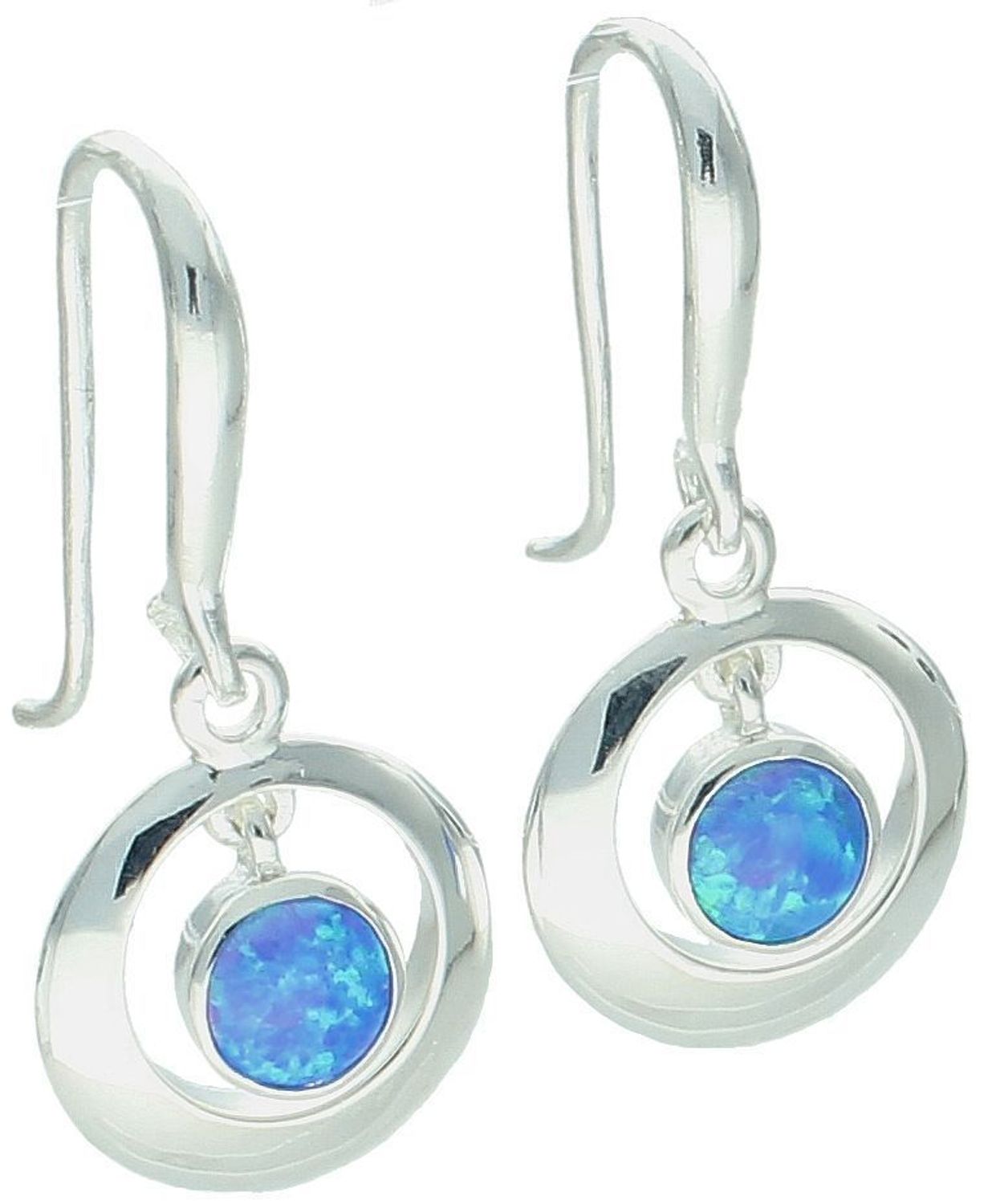 Kolczyki damskie srebrne DIA-KLC-13176-925 – wiszące okrągłe z niebieskim syntetycznym opalem, próba 925, długość 2,7 cm, szerokość 1,2 cm, waga 2,70 g, zapięcie bigiel otwarty.1.jpg