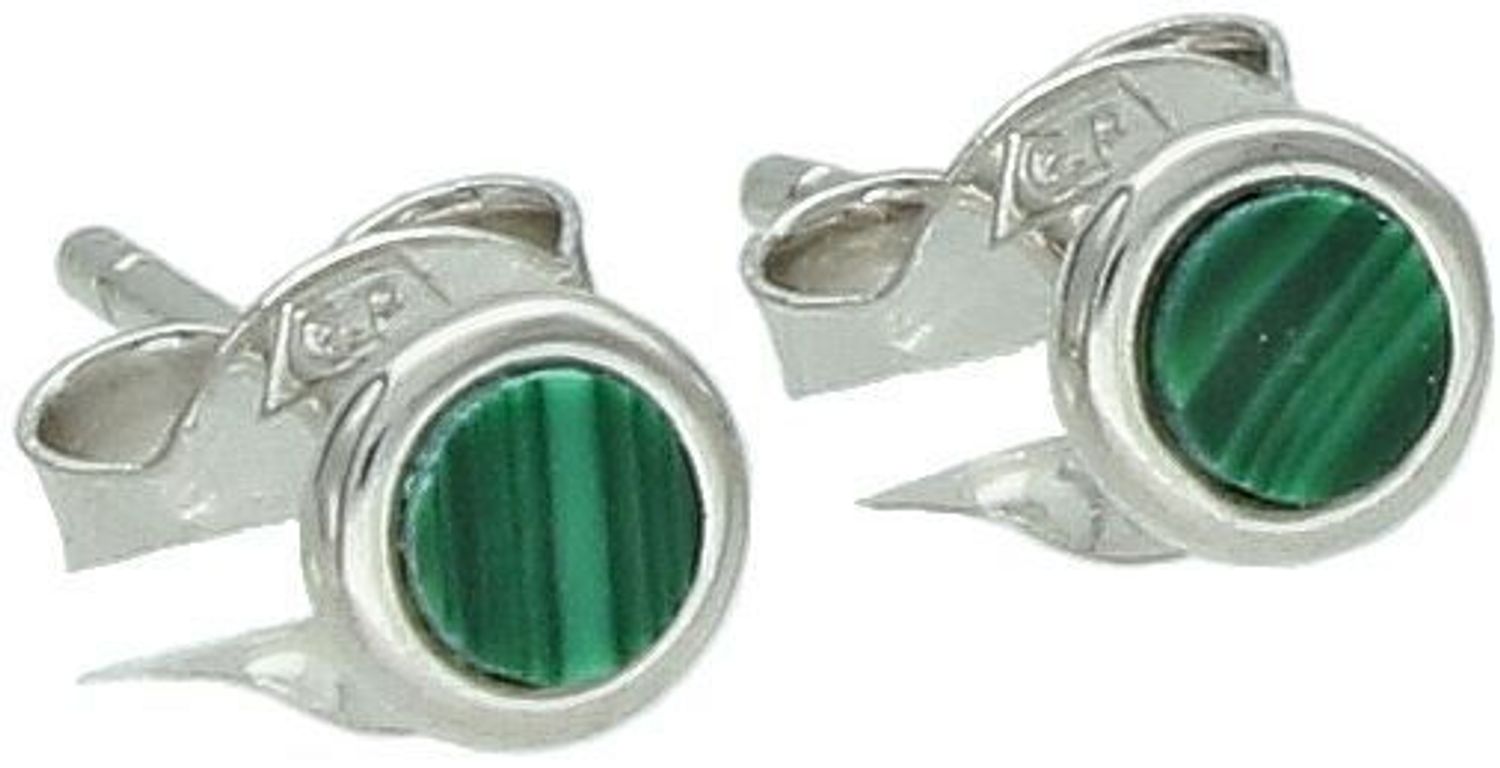 Kolczyki damskie DIA-KLC-13177-925 – srebrne próby 925, okrągłe z malachitem, szerokość 4 mm, zapięcie na sztyft, waga 0,60 g. Subtelna i stylowa biżuteria na co dzień.1.jpg