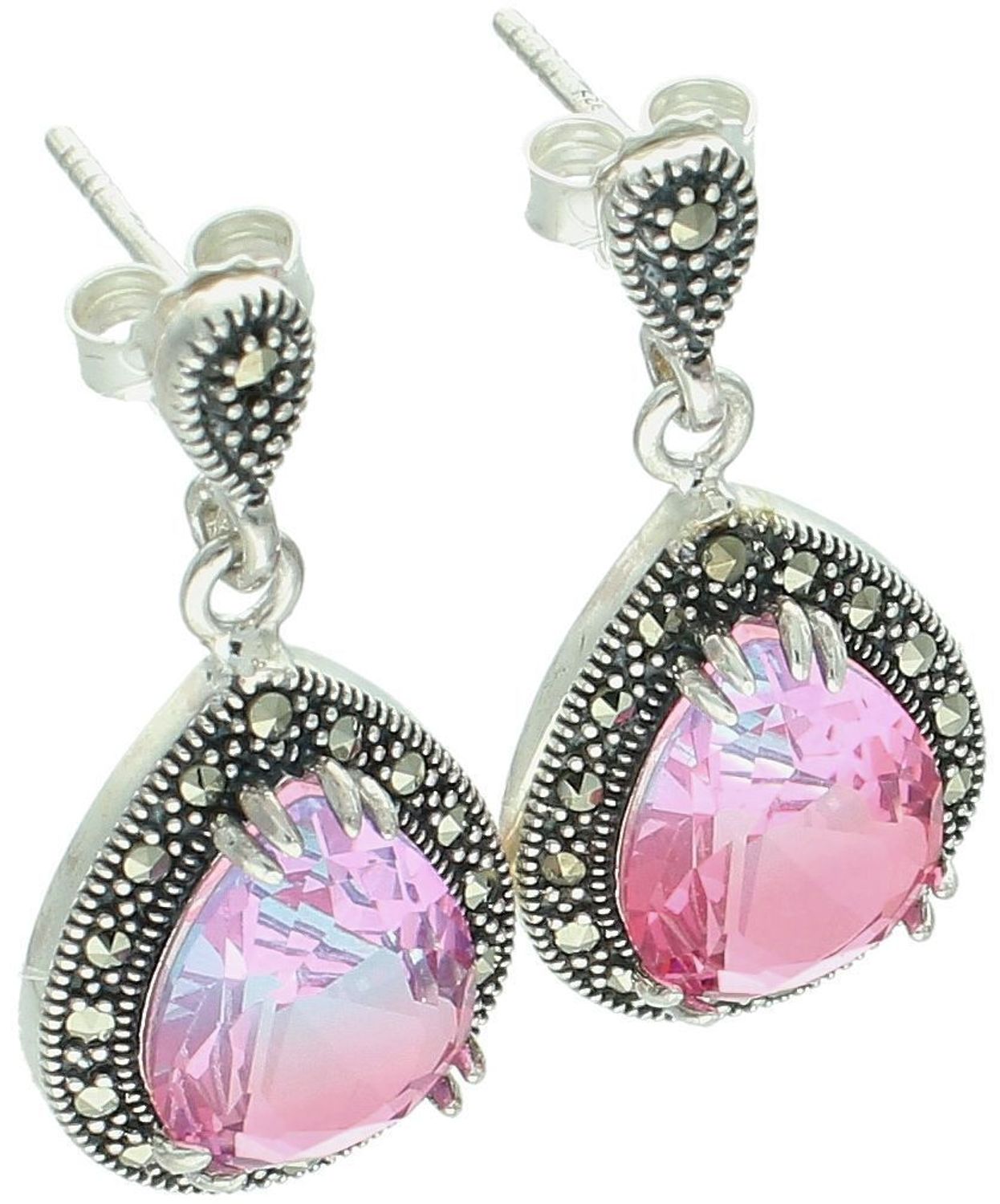 Kolczyki srebrne próby 925 z różowo-fioletową cyrkonią i markazytami. Kształt łezki, długość 3,0 cm, szerokość 1,5 cm, zapięcie na sztyft. Model DIA-KLC-13185-925 – elegancja i blask.1.jpg